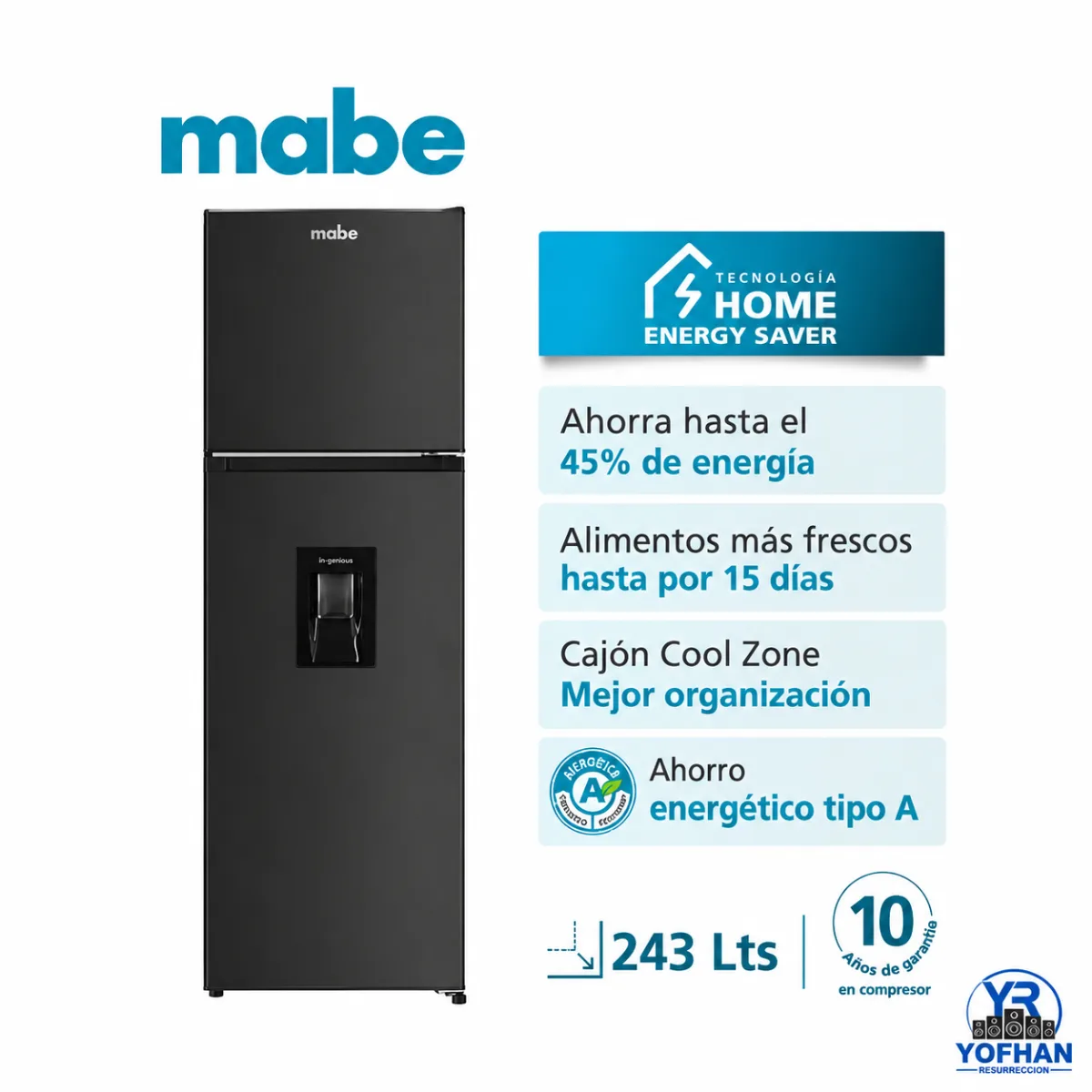 Refrigeradora Mabe 243L Top Mount Negro 